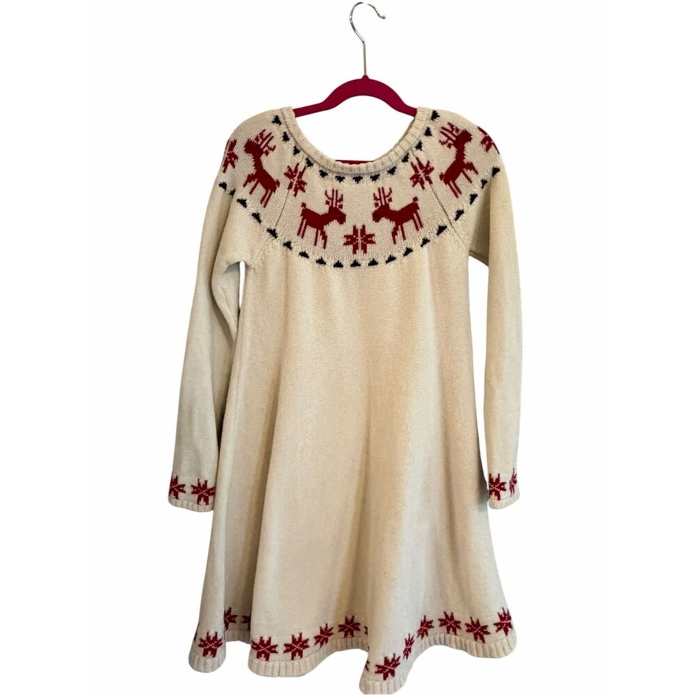 Hanna Andersson Girls Knit Christmas Sweater Dress Size 8 Reindeer Fair Isle